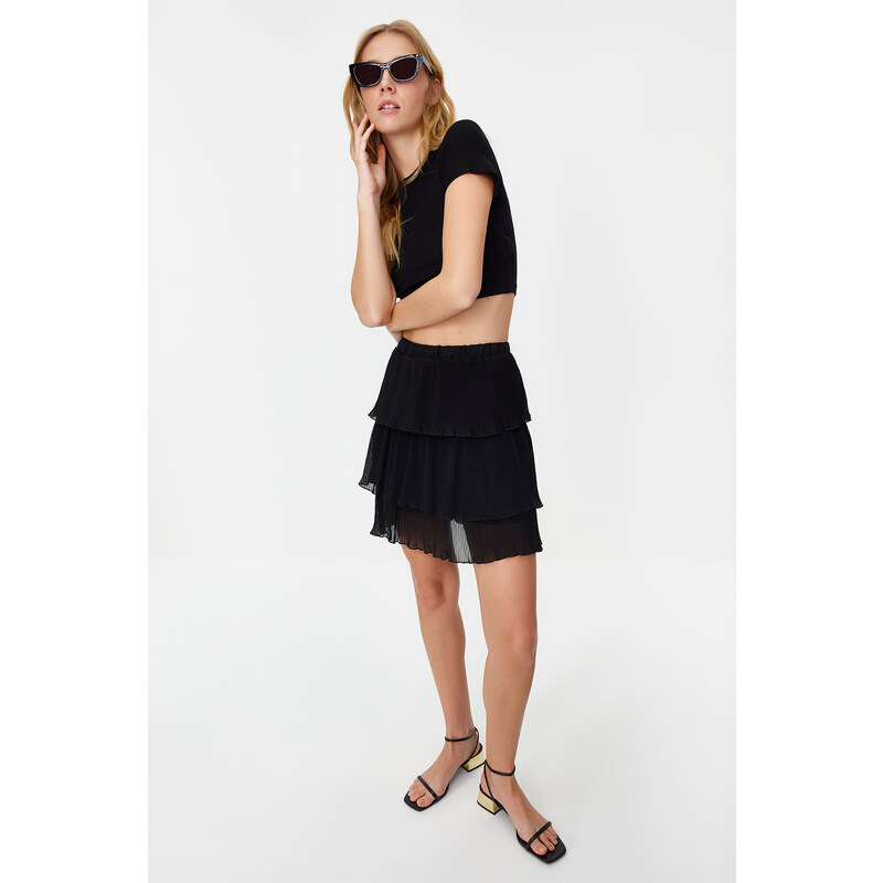 Trendyol Black Pleated Skirt Ruffled Chiffon Mini Woven Skirt