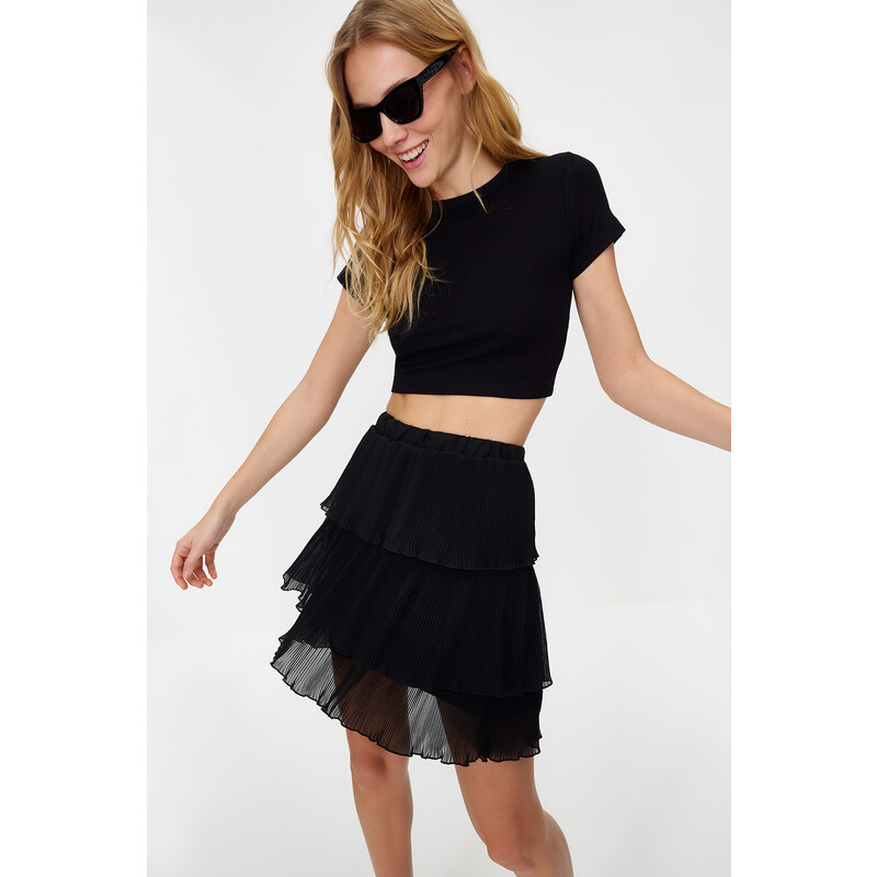 Trendyol Black Pleated Skirt Ruffled Chiffon Mini Woven Skirt