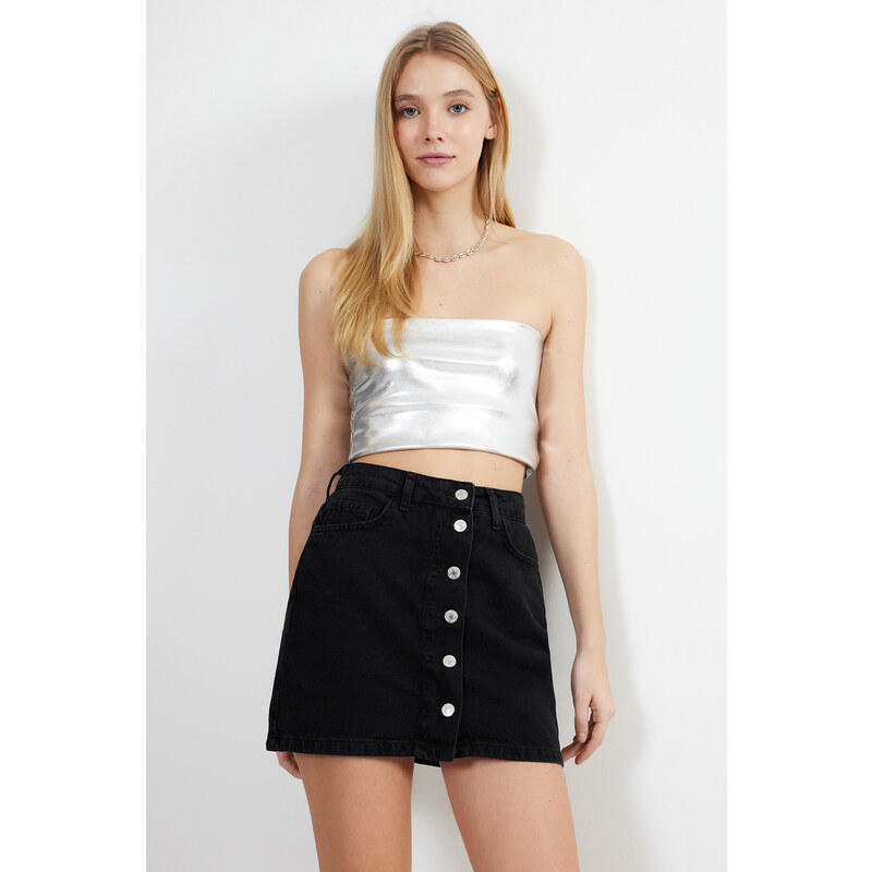 Trendyol Black Buttoned Front High Waist Mini Denim Skirt