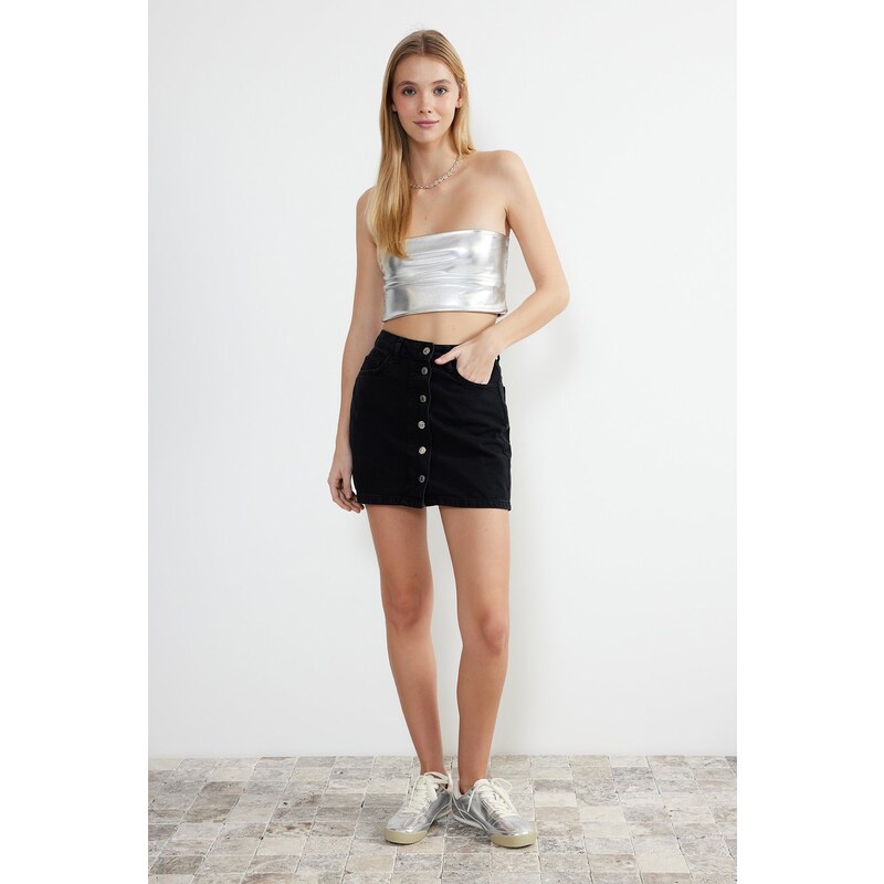 Trendyol Black Buttoned Front High Waist Mini Denim Skirt