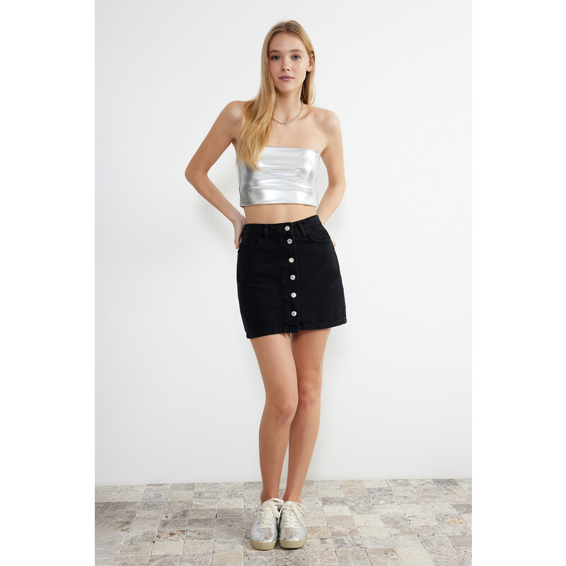 Trendyol Black Buttoned Front High Waist Mini Denim Skirt