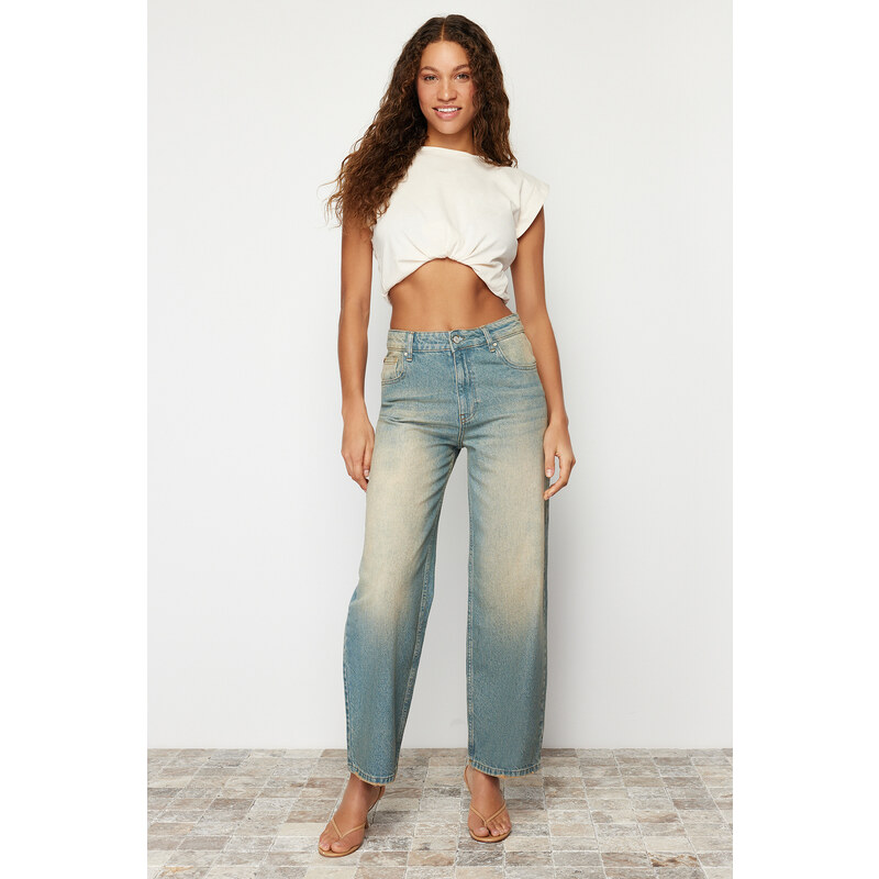 Trendyol Blue Pale Wash Effect Vintage Normal Waist Wide Leg Jeans