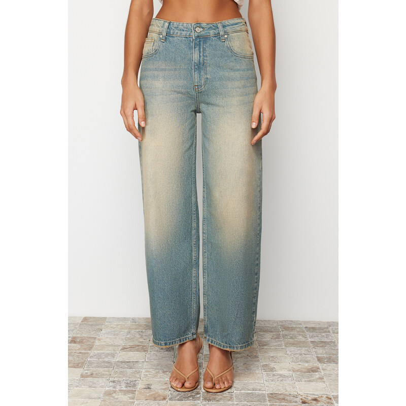 Trendyol Blue Pale Wash Effect Vintage Normal Waist Wide Leg Jeans