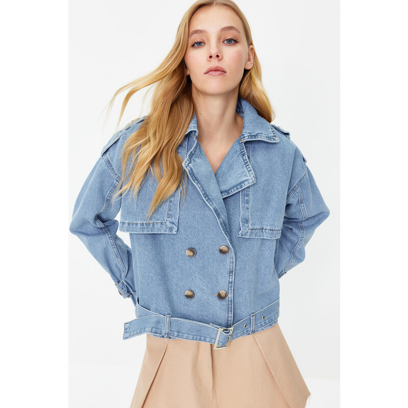 Trendyol Blue Belted Short Denim Trench Coat Jacket