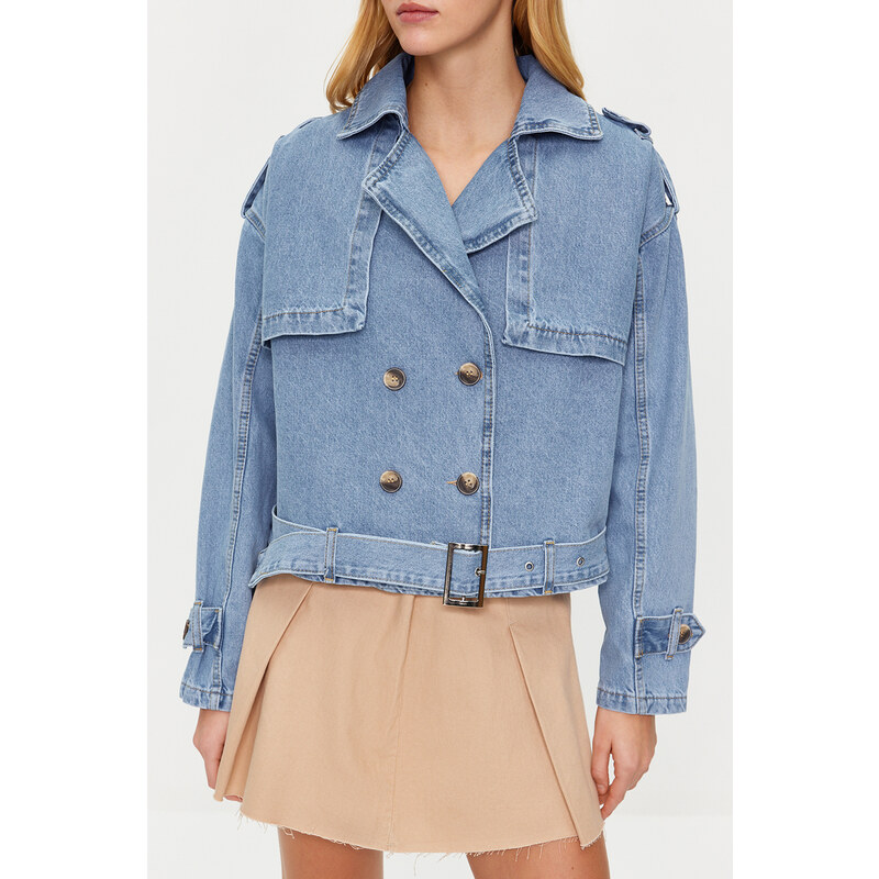 Trendyol Blue Belted Short Denim Trench Coat Jacket