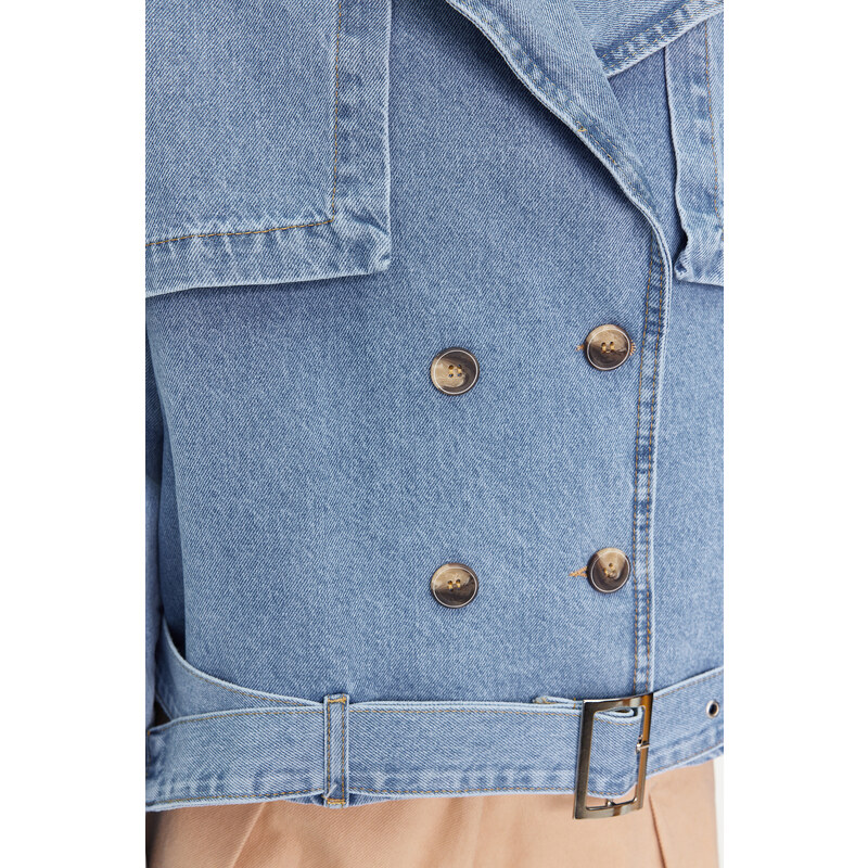 Trendyol Blue Belted Short Denim Trench Coat Jacket