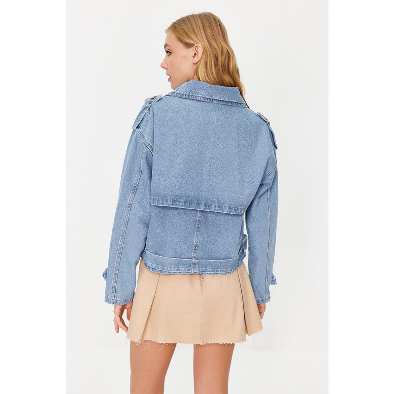 Trendyol Blue Belted Short Denim Trench Coat Jacket