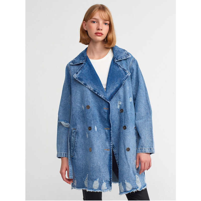 Dilvin 65336 Metal Buttoned Denim Trench Coat-Blue