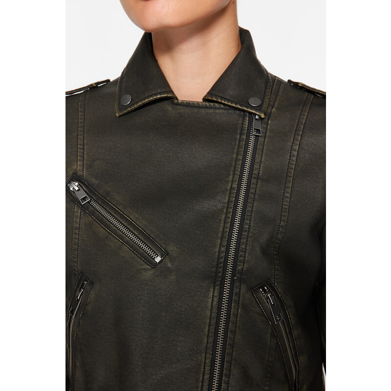 Trendyol Anthracite Aged Detailed Faux Leather Biker Jacket Coat