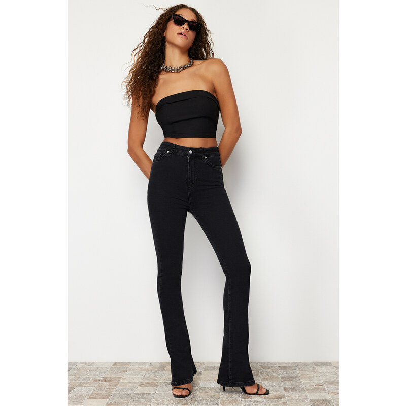 Trendyol Black Cuff Detail High Waist Skinny Flare Jeans