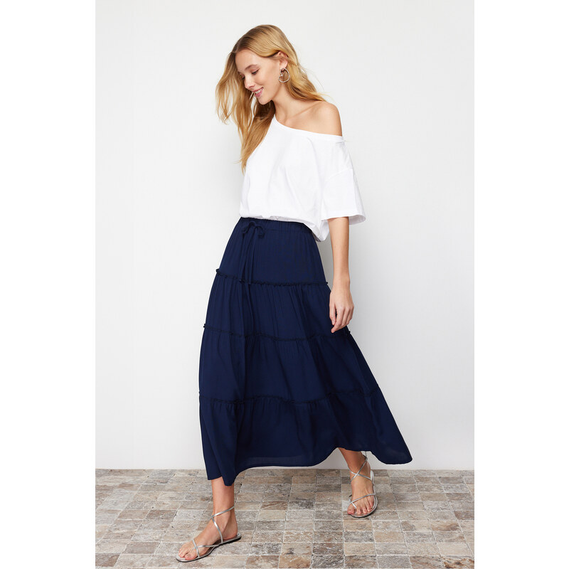 Trendyol Navy Blue Flared Maxi Length Woven Skirt with Gather Detail at Waist