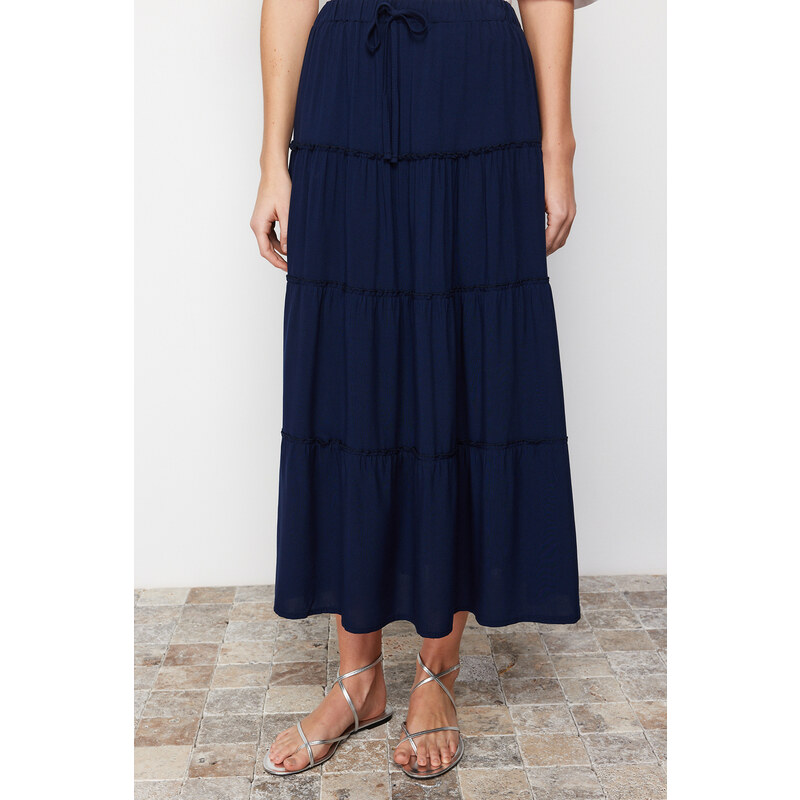 Trendyol Navy Blue Flared Maxi Length Woven Skirt with Gather Detail at Waist