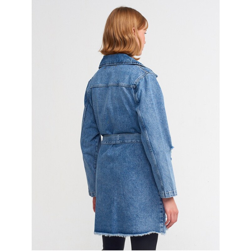 Dilvin 65336 Metal Buttoned Denim Trench Coat-Blue