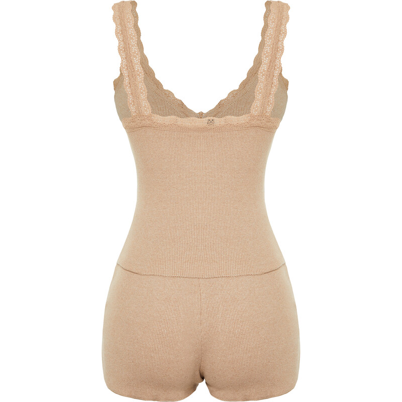 Trendyol Beige Lace Detailed Ribbed Knitted Pajamas Set