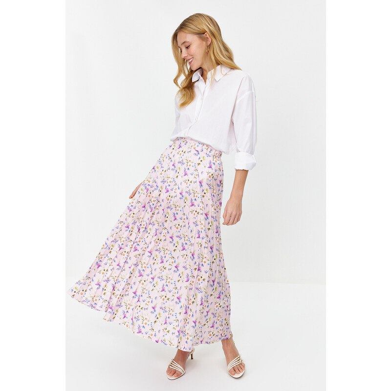 Trendyol Powder Floral Pattern Pleated Woven Skirt with Elastic Waist