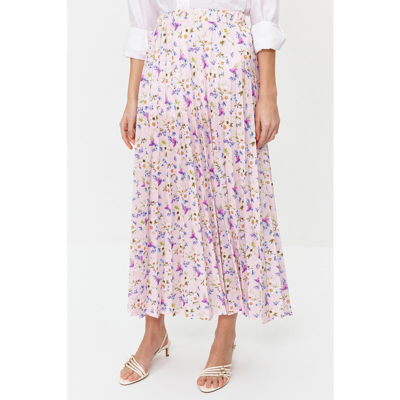 Trendyol Powder Floral Pattern Pleated Woven Skirt with Elastic Waist