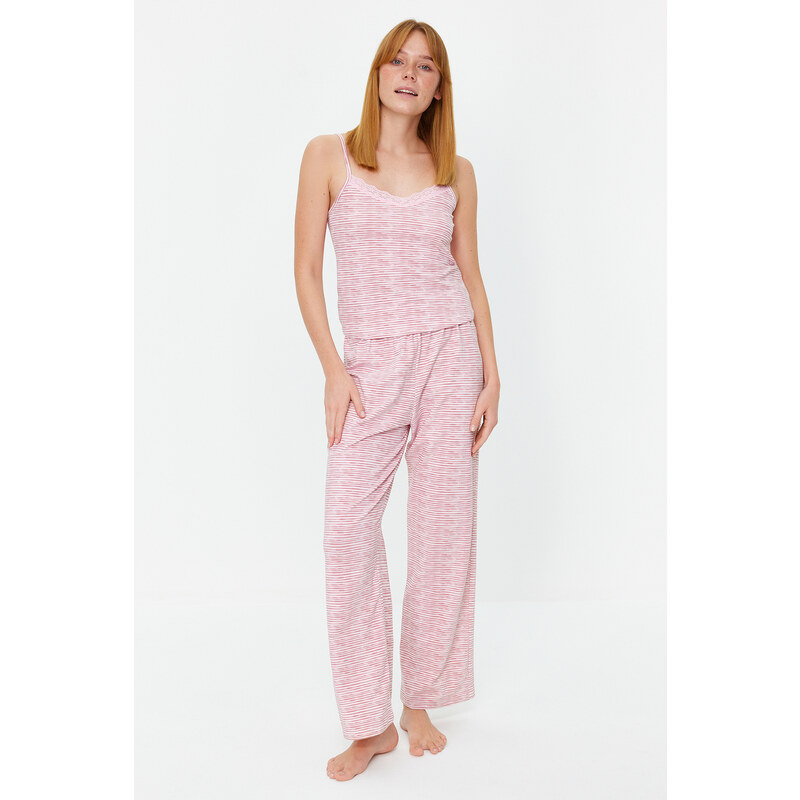 Trendyol Powder Striped Lace Detailed Cotton Singlet-Pants Knitted Pajamas Set