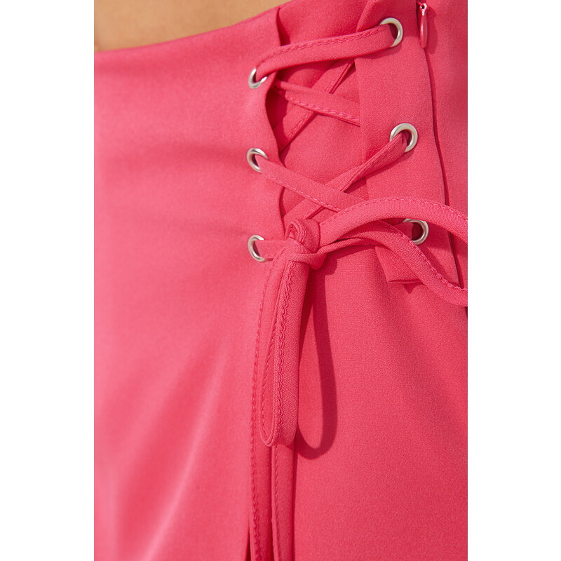 Trendyol Fuchsia Tie and Eyelet Detailed Woven Shorts Skirt