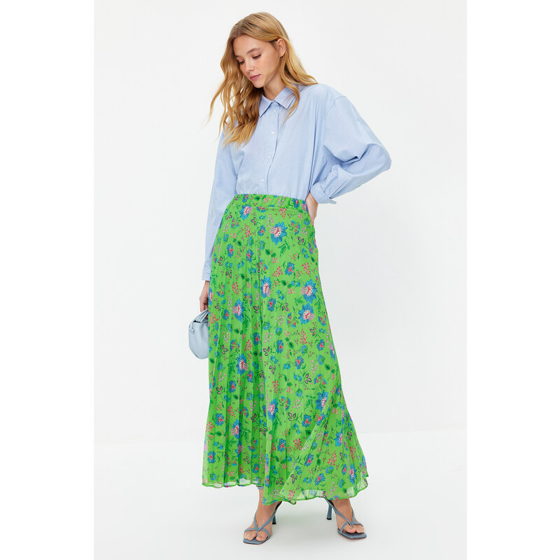 Trendyol Green Pleated Floral Pattern Lined Chiffon Woven Skirt