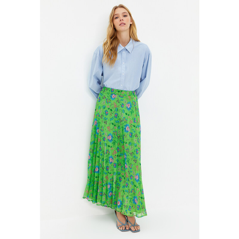 Trendyol Green Pleated Floral Pattern Lined Chiffon Woven Skirt