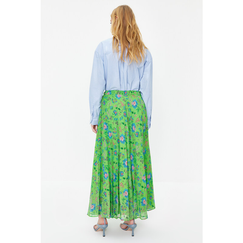 Trendyol Green Pleated Floral Pattern Lined Chiffon Woven Skirt