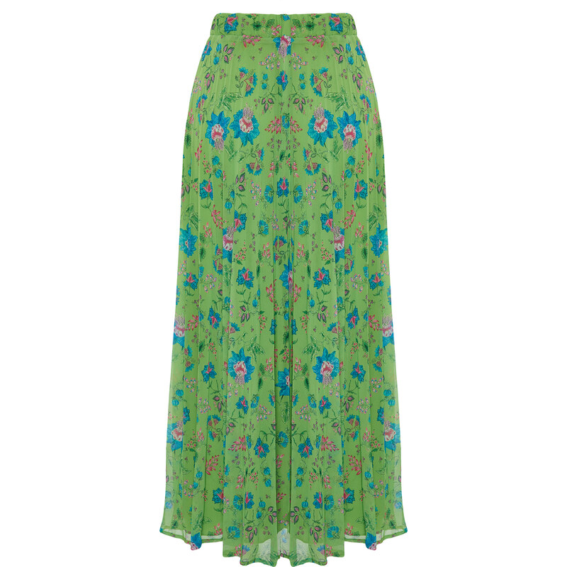 Trendyol Green Pleated Floral Pattern Lined Chiffon Woven Skirt