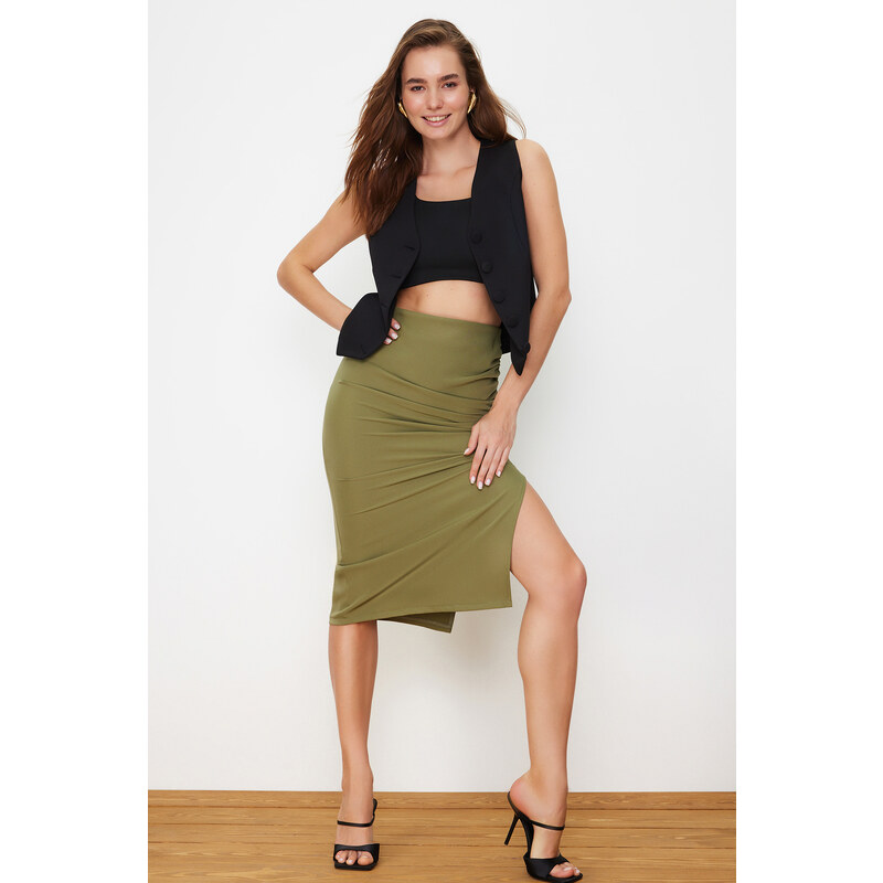 Trendyol Light Khaki Gathered Slit Detail Pencil Fit Midi Woven Skirt