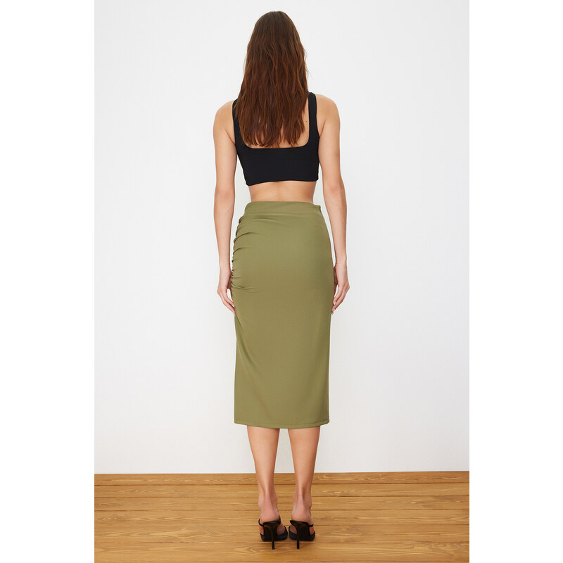 Trendyol Light Khaki Gathered Slit Detail Pencil Fit Midi Woven Skirt