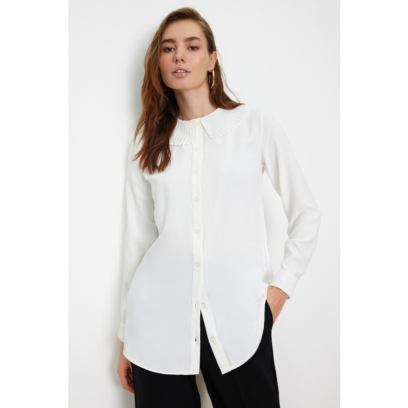 Trendyol White Ruffle Collar Crepe Stylish Woven Shirt