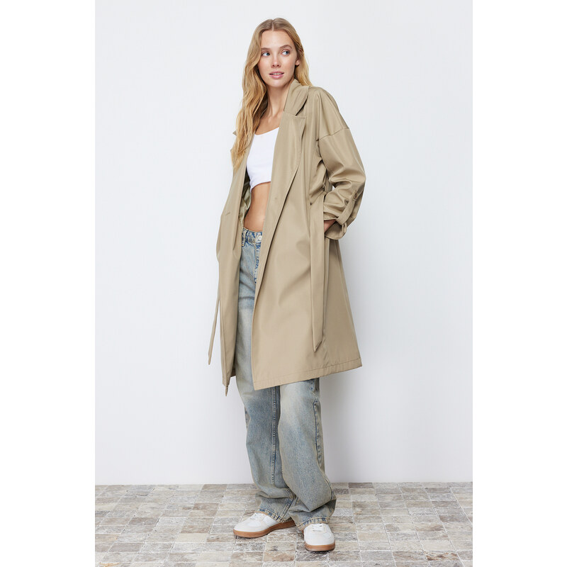 Trendyol Light Khaki Oversize Belted Water Repellent Long Trench Coat 107065845