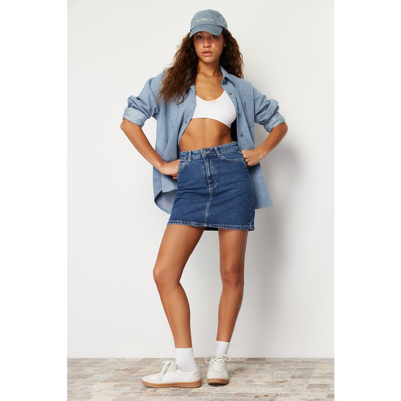 Trendyol Blue High Waist Mini Denim Skirt