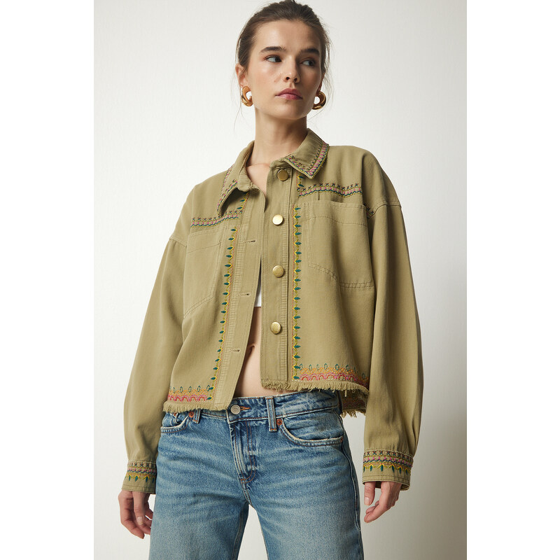 Happiness İstanbul Women's Khaki Embroidered Tasseled Oversize Denim Jacket