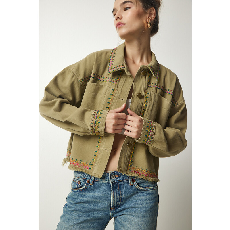 Happiness İstanbul Women's Khaki Embroidered Tasseled Oversize Denim Jacket