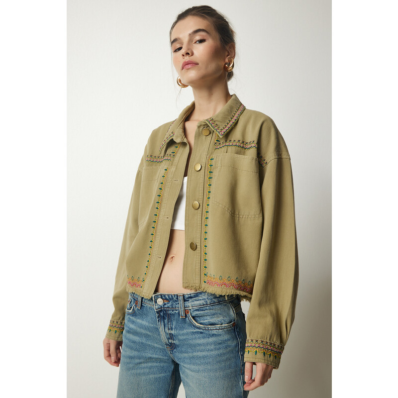 Happiness İstanbul Women's Khaki Embroidered Tasseled Oversize Denim Jacket