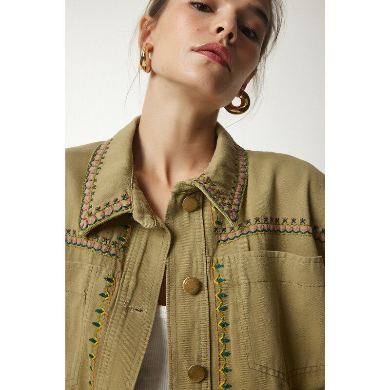 Happiness İstanbul Women's Khaki Embroidered Tasseled Oversize Denim Jacket