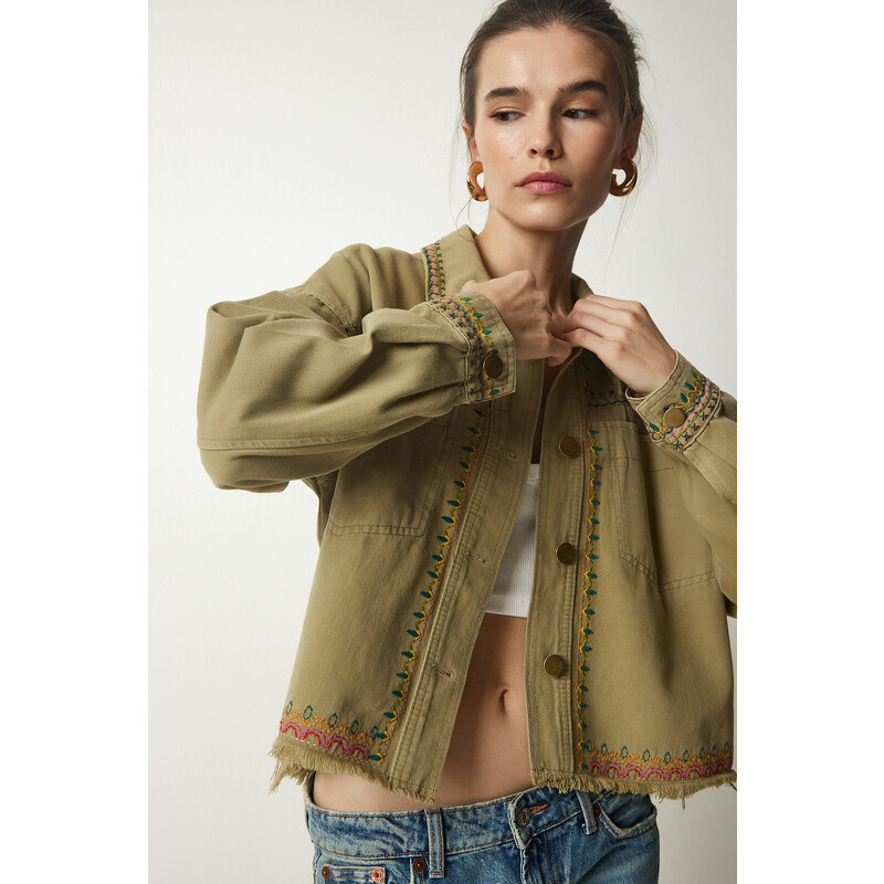 Happiness İstanbul Women's Khaki Embroidered Tasseled Oversize Denim Jacket