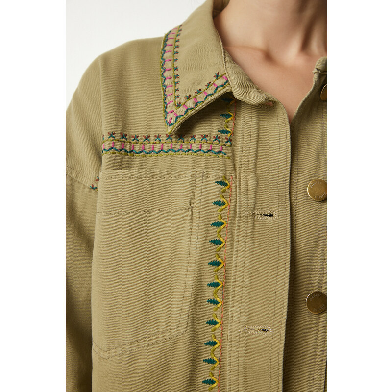 Happiness İstanbul Women's Khaki Embroidered Tasseled Oversize Denim Jacket