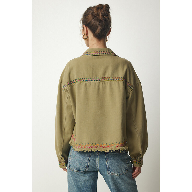 Happiness İstanbul Women's Khaki Embroidered Tasseled Oversize Denim Jacket