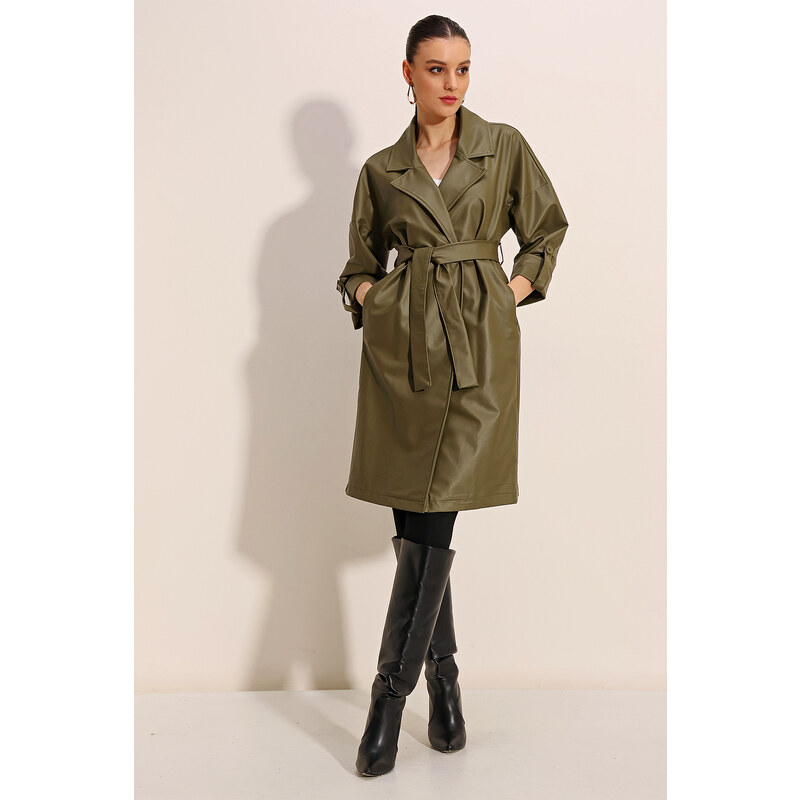 Bigdart 1034 Belted Faux Leather Trench Coat - Khaki