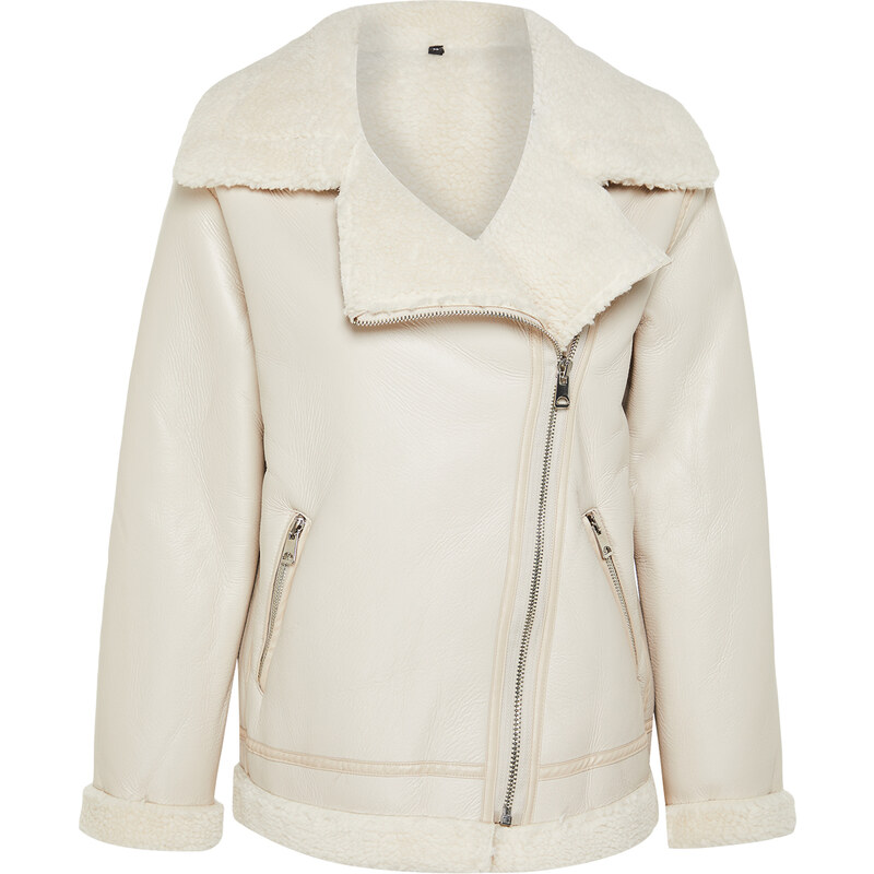 Trendyol Beige Faux Leather Plush Collar Detailed Biker Closure Coat