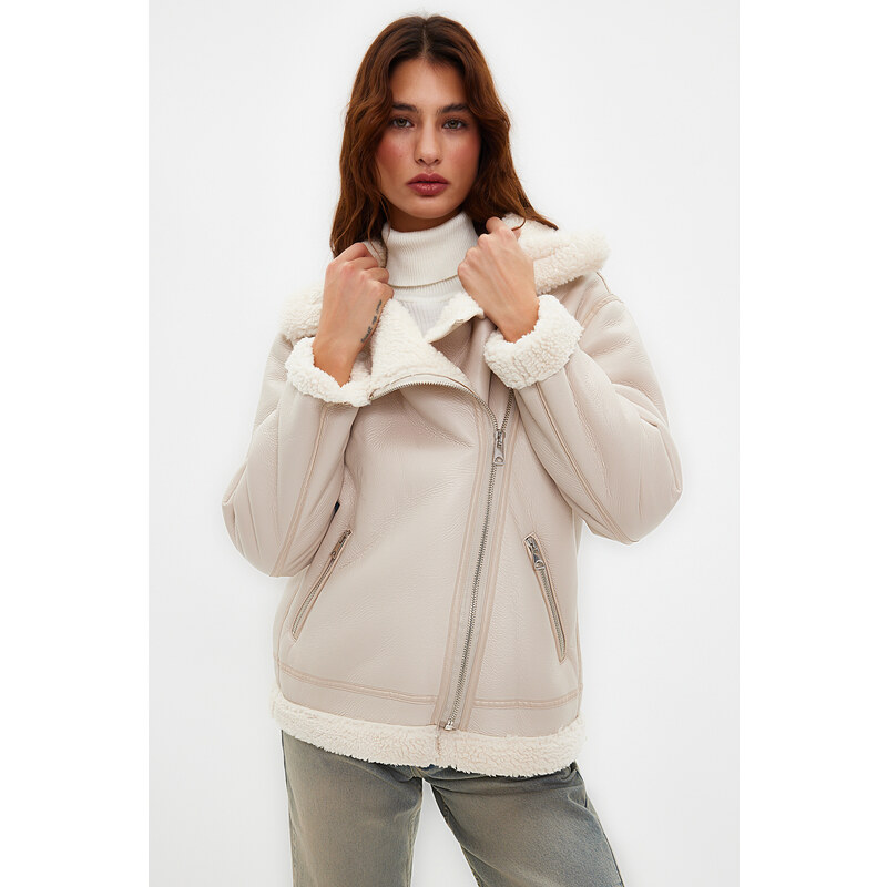 Trendyol Beige Faux Leather Plush Collar Detailed Biker Closure Coat