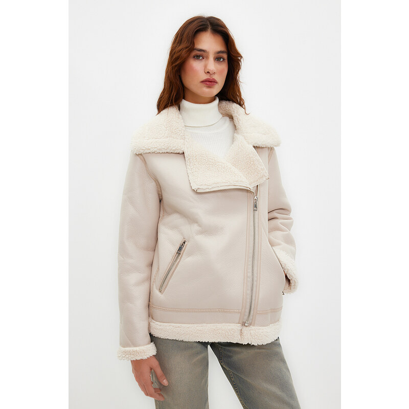 Trendyol Beige Faux Leather Plush Collar Detailed Biker Closure Coat