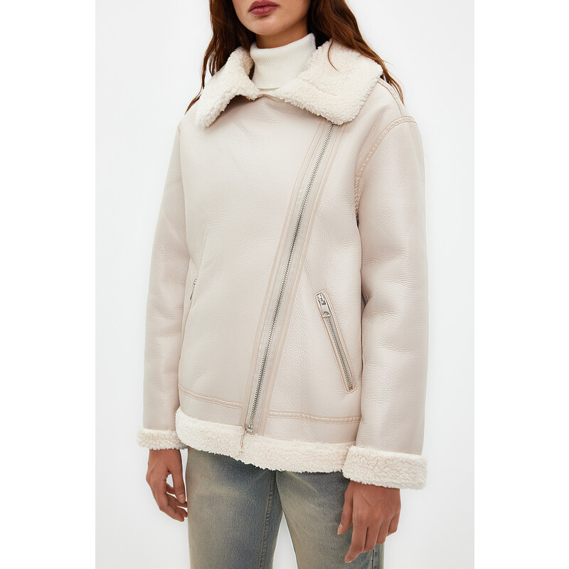 Trendyol Beige Faux Leather Plush Collar Detailed Biker Closure Coat