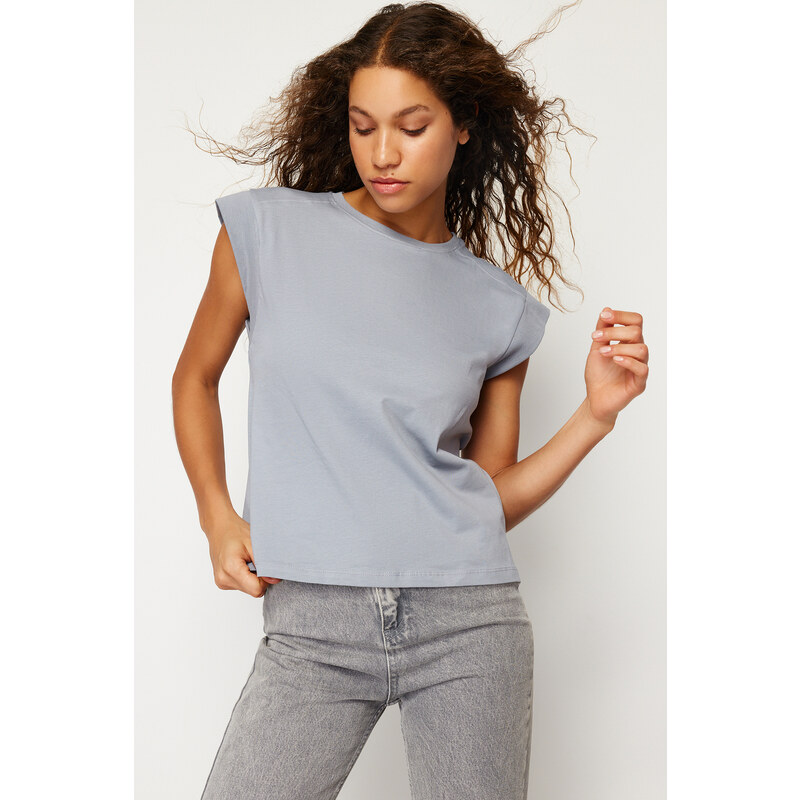Trendyol Gray Ribbed Detailed Moon Sleeve Basic Knitted T-Shirt