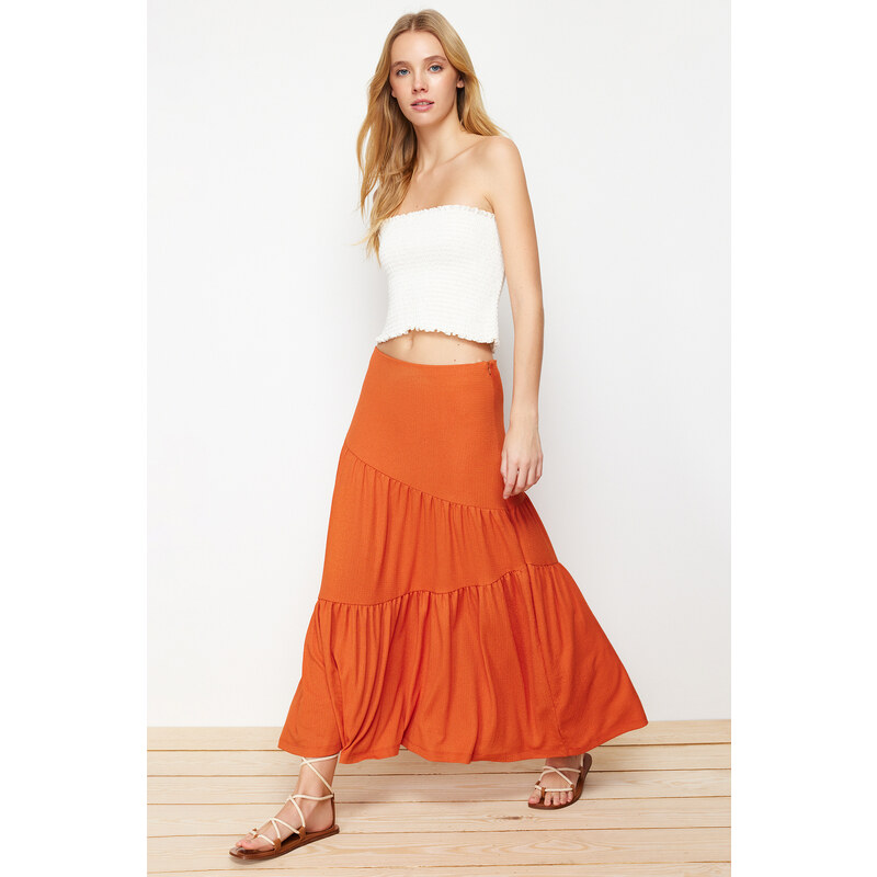 Trendyol Cinnamon Wrinkled/Textured Flared Maxi Gathered Flexible Knitted Skirt