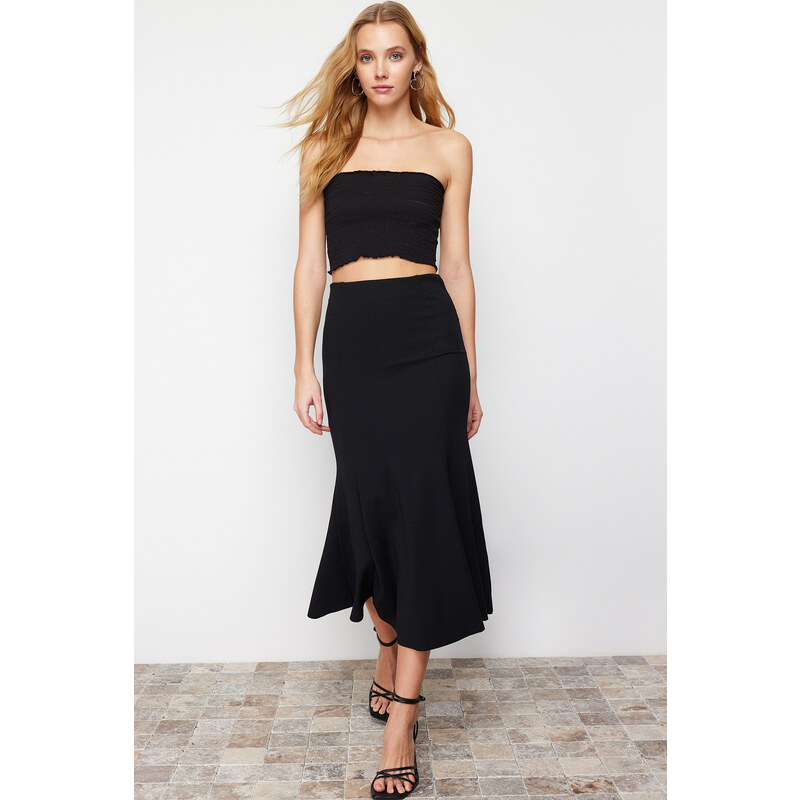 Trendyol Black Skirt Ruffled Normal Waist Midi Elastic Knitted Skirt