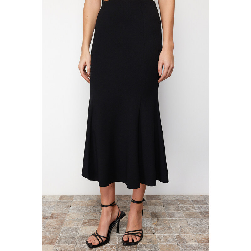 Trendyol Black Skirt Ruffled Normal Waist Midi Elastic Knitted Skirt