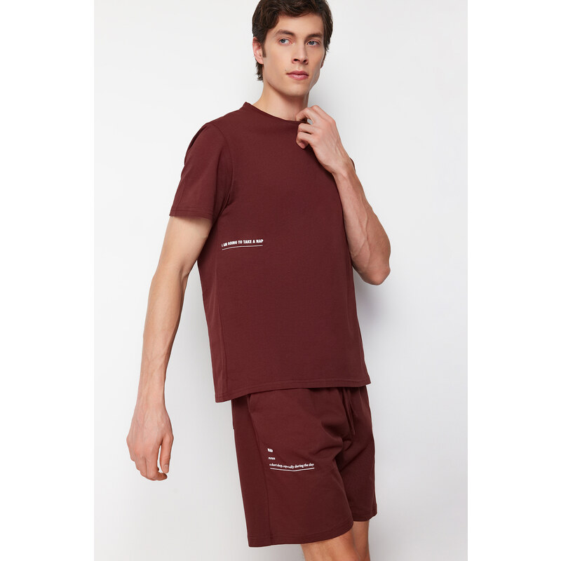 Trendyol Brown Motto Printed Knitted Shorts Pajamas Set