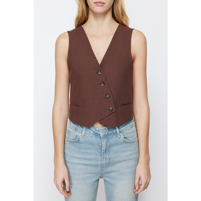 Trendyol Brown Crop Fitted Button Detailed Woven Linen Look Vest