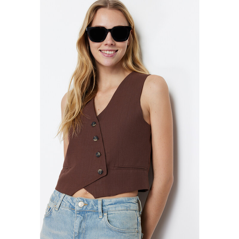 Trendyol Brown Crop Fitted Button Detailed Woven Linen Look Vest